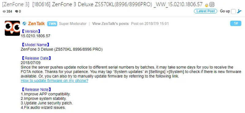 Zenfone 3 Deluxe ZB570KL June 2018 Security Patch Update