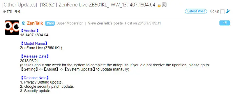 Zenfone Live ZB501KL Security Patch Update