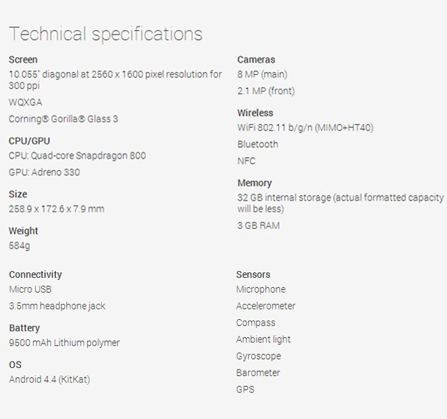 Google Nexus 10 II Specification Sheet