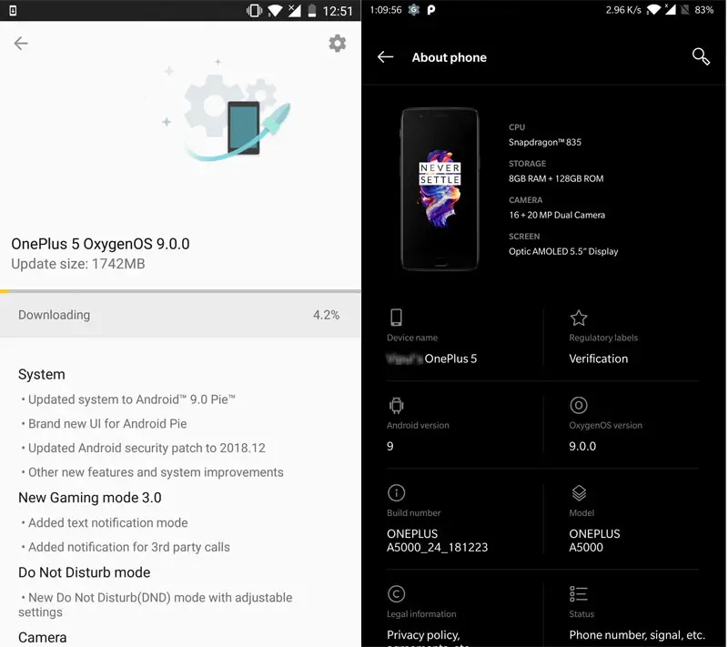OnePlus 5 and 5T Android Pie Update