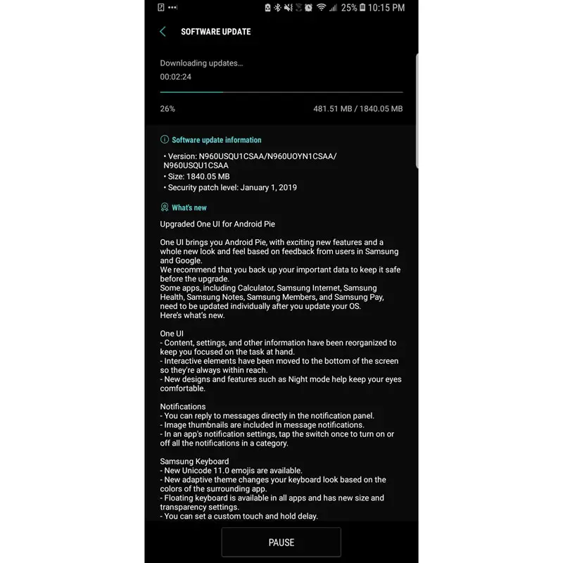 Sprint Samsung Galaxy Note 9 Android Pie Update